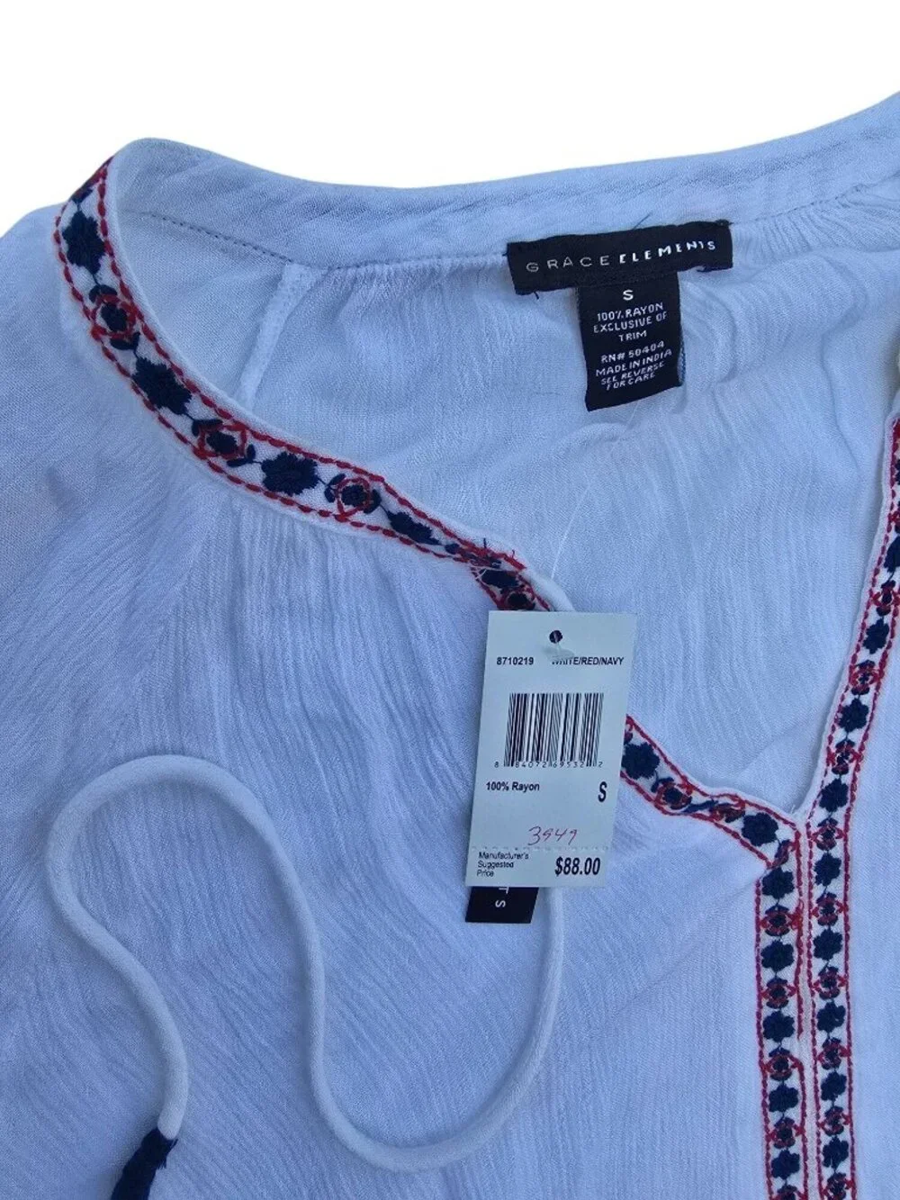 Grace Elements Womens Embroidered Boho Blouse White Small Rayon Lightweight New - Picture 3 of 5